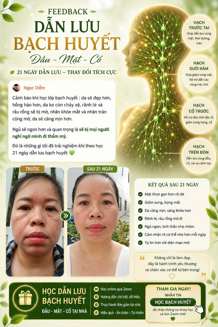 Phản hồi của chị Ngọc Diễm sau 21 ngày dẫn lưu bạch huyết đầu - mặt - cổ theo chương trình của Tuệ Hương - da đẹp hơn, hồng hào, mặt thon gọn, ngủ ngon hơn